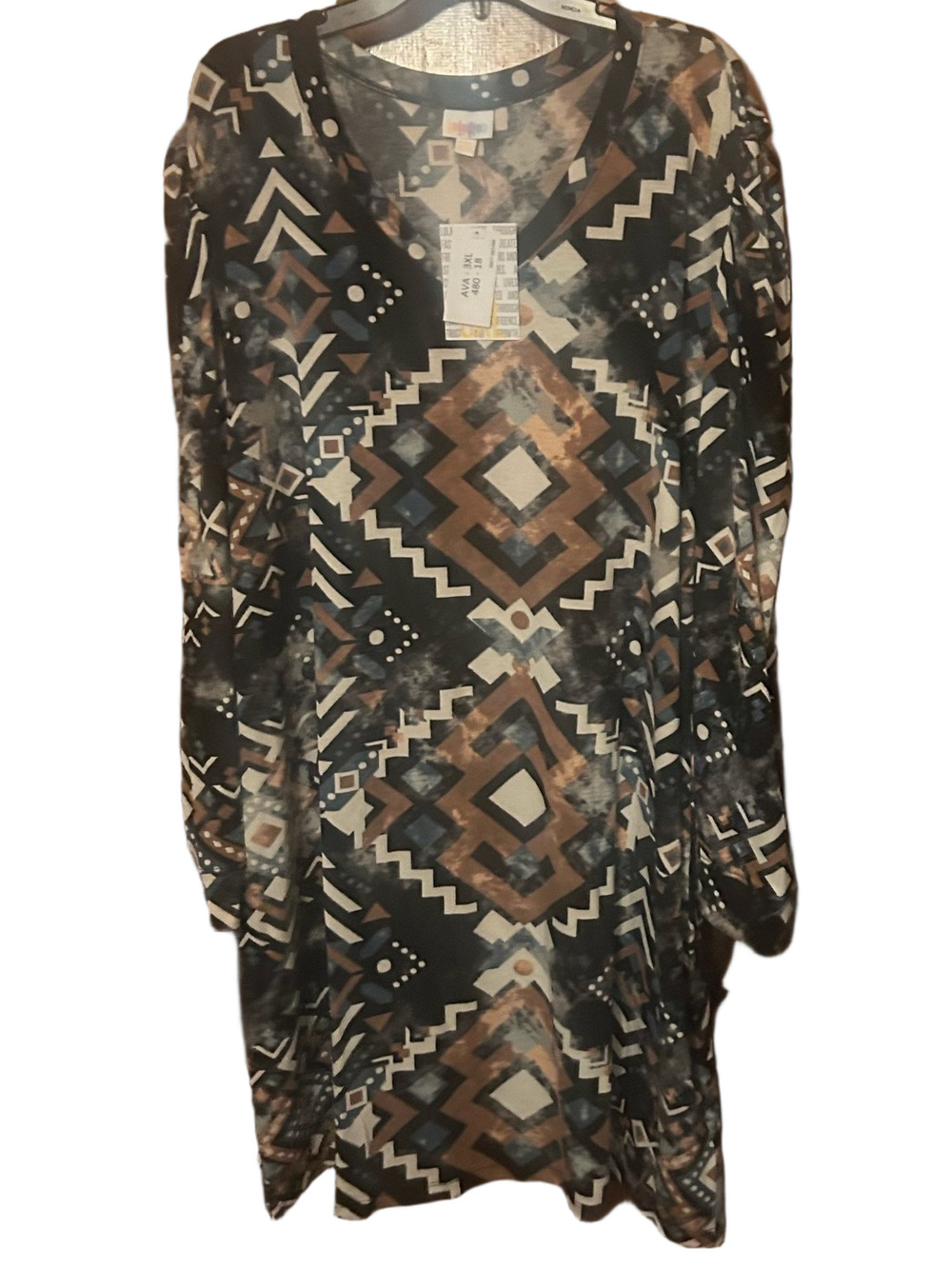 LuLaRoe Women’s Geometric Print Long Sleeve Top - Black & Brown Ava - 3X